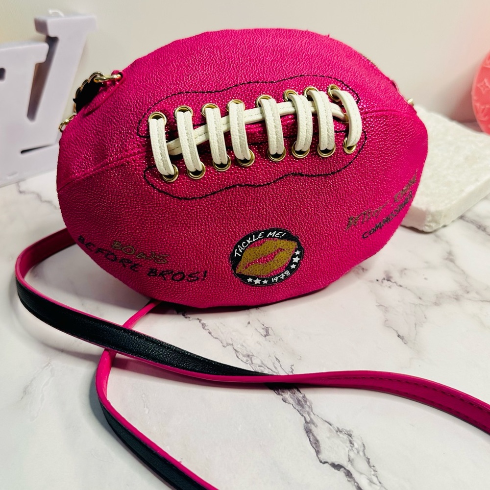 Betsey Johnson Metallic Pink Faux Leather Tackle Me Kitsch Football Bag